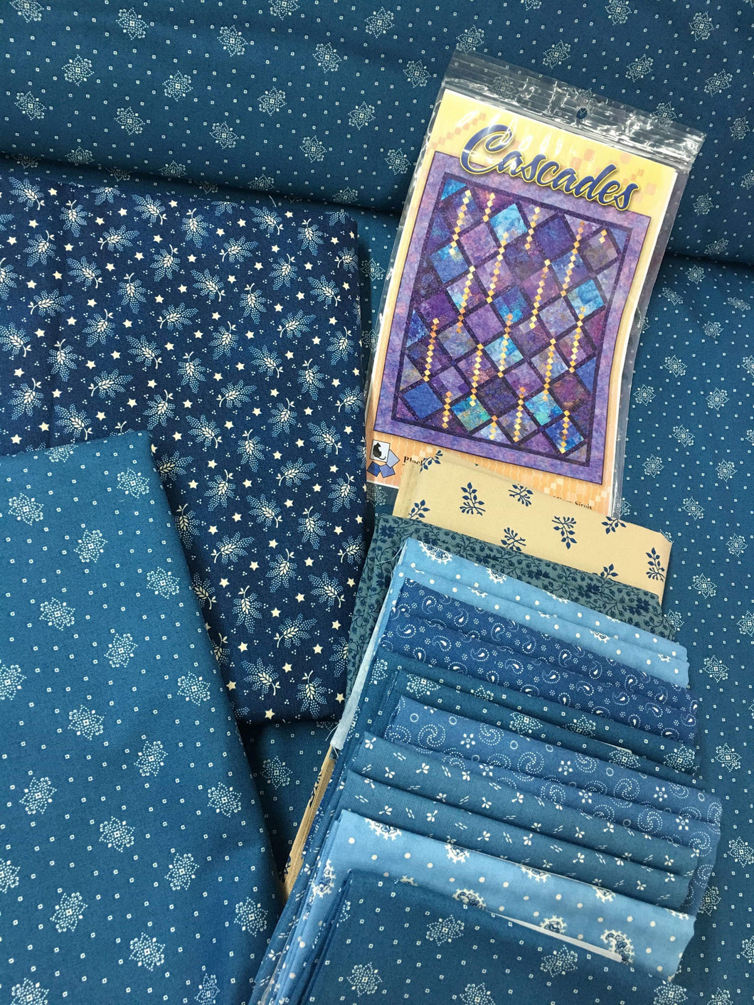 Cascades in Blue kit (fabric & pattern)  fabric color various shades of blue. quilt size 71 X 86.