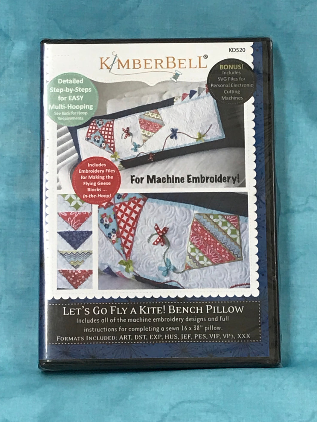 KimberBell Let's Go Fly a Kite! Bench Pillow for Machine Embroidery CD!  KD520.