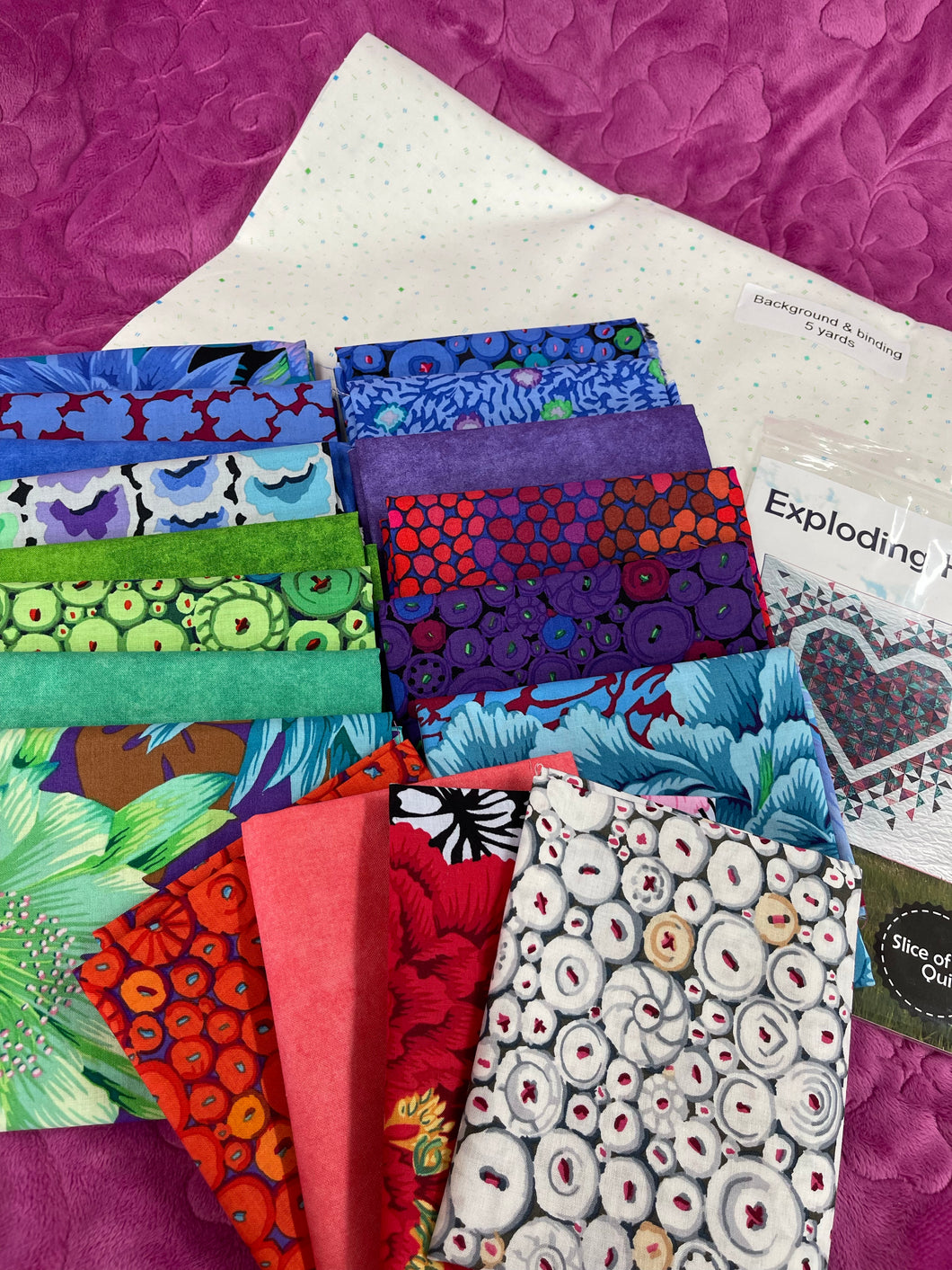 Kaffe Fassett,  #G  Exploding Heart Kit includes pattern, 18 fq, background, & binding  (one of a kind).