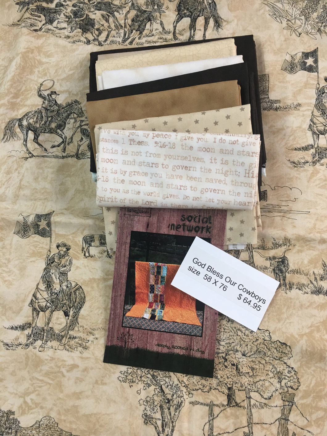 God Bless Our Cowboys quilt kit 58 X 76. kit includes fabric, binding, & pattern.