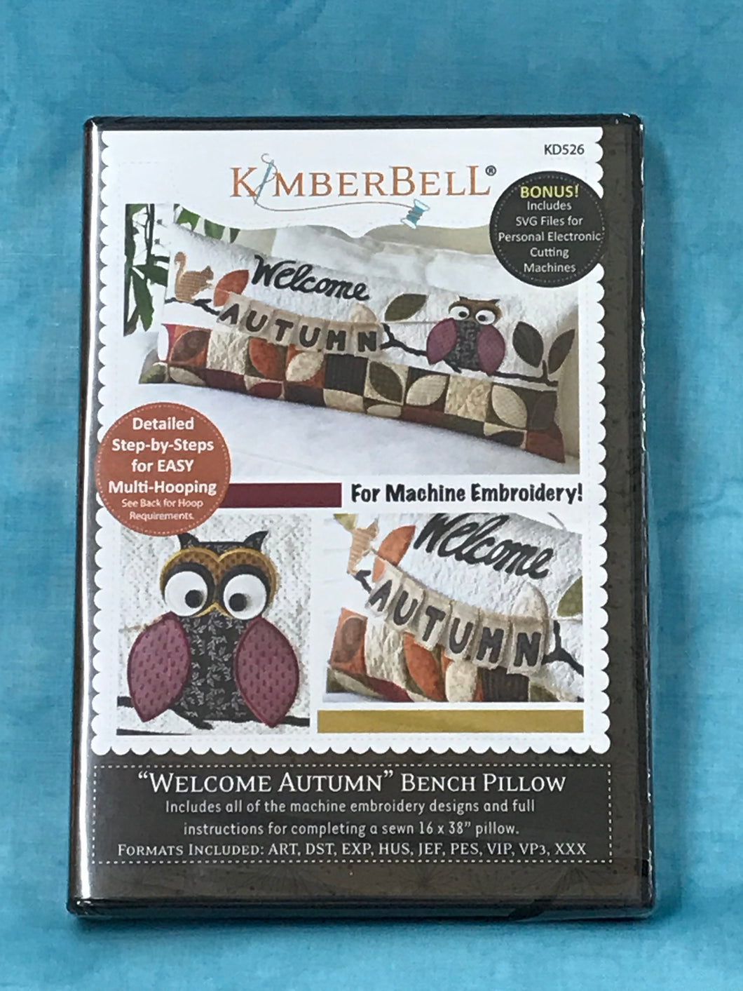 KimberBell, Welcome Autumn Bench Pillow. Machine Embroidery CD.  KD526