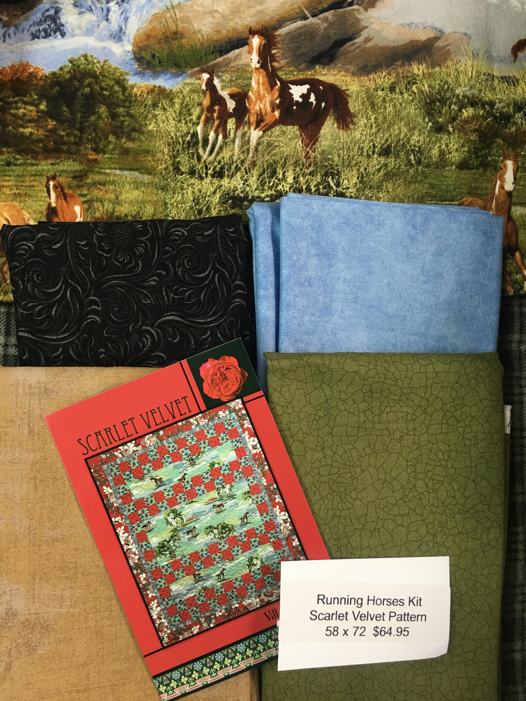 Running Horses Kit Scarlet Velvet Pattern 58 X 72 quilt kit includes fabric, binding, & backing