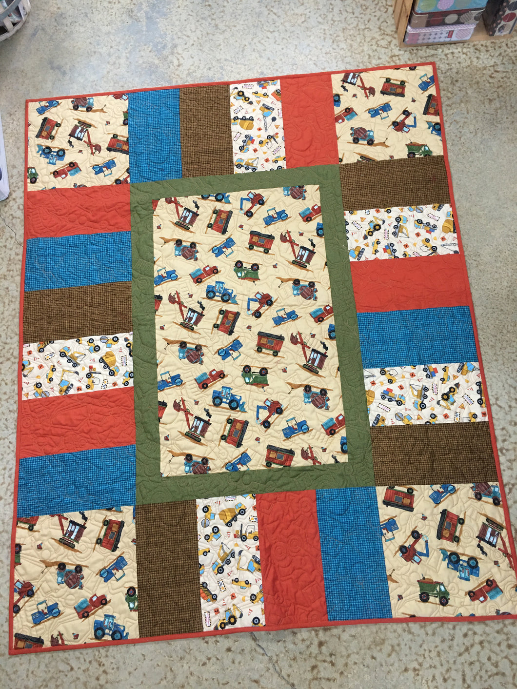 Easy Piezy Construction Trucks Kit 48 X 60.  kit includes fabric, binding, & pattern.