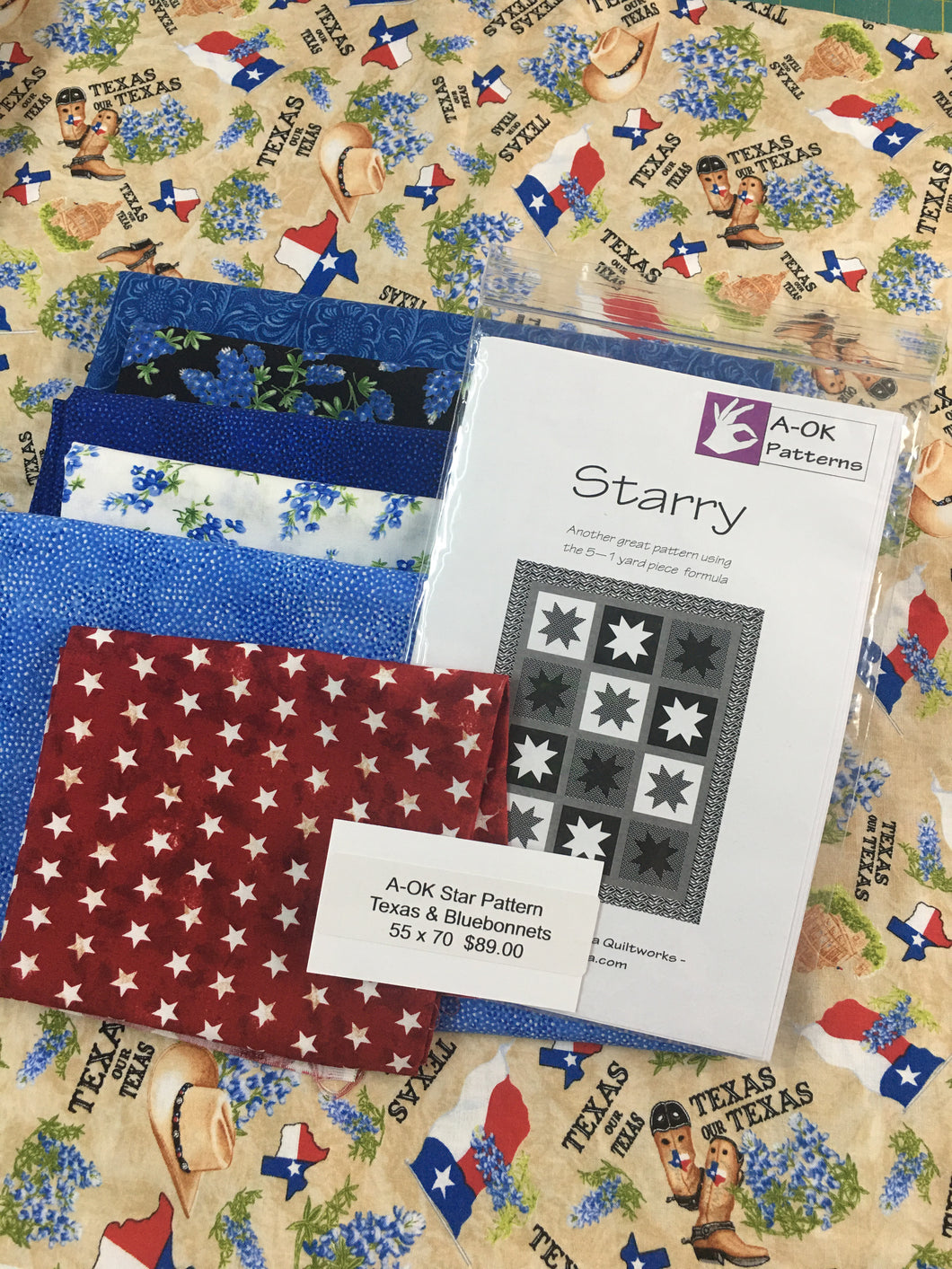 A-OK Star Pattern, Texas & Bluebonnets 55 X 70. kit includes fabric, binding, & pattern.