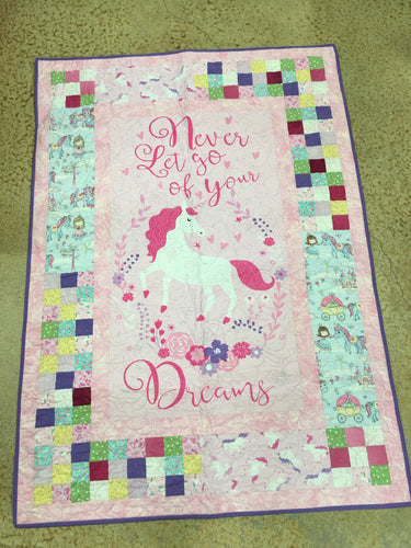 Never Let Go of Your Dreams Panel / Unicorn Kit 42 X 60. kit includes fabric, binding, & pattern.